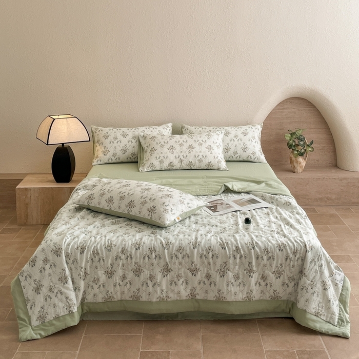 91家纺网 家纺一手货源 找家纺 慕晨 2025新款全棉双层纱四件套莱赛尔夏被莱赛尔夏被四件套天丝夏凉被直播 羽葵