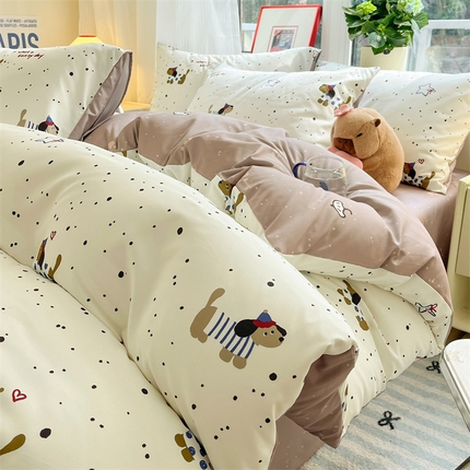 盛秋家纺 2025新款水洗棉印花四件套-卡通系列 腊肠狗+猫爪