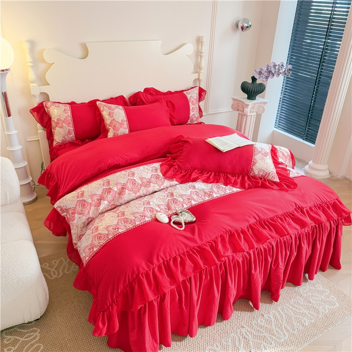 91家纺网 家纺一手货源 找家纺 富盛 2025新款水洗亲肤棉浮雕提花公主风四件套 月光恋人-大红