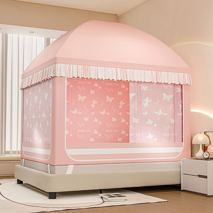 91家纺网 家纺一手货源 找家纺 冉美家纺 2025新款屋顶式遮光防尘防摔蚊帐 缤纷蝴蝶-樱花粉