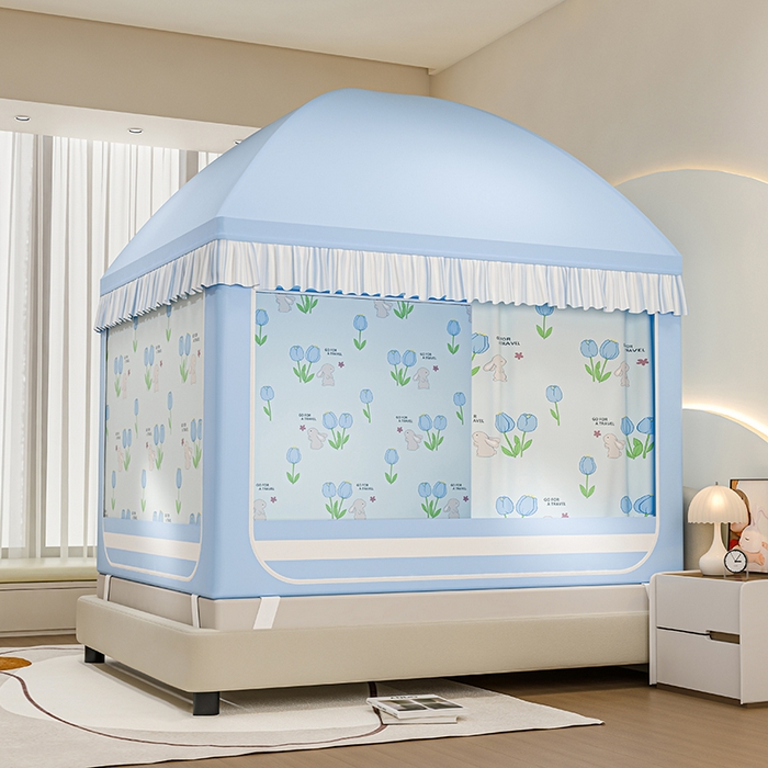 91家纺网 家纺一手货源 找家纺 冉美家纺 2025新款屋顶式遮光防尘防摔蚊帐 旅行兔-优雅蓝