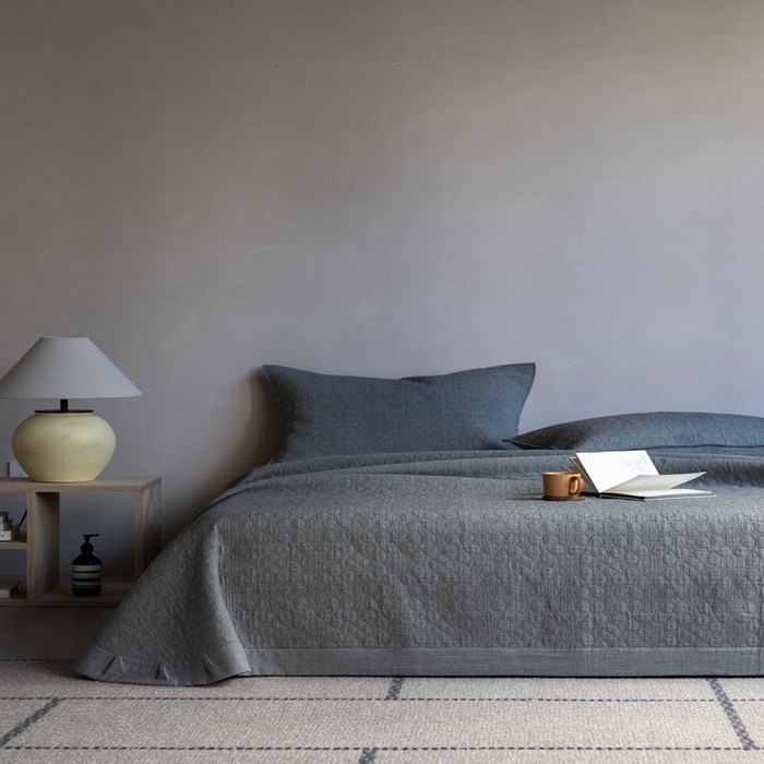 91家纺网 家纺一手货源 找家纺 璞素2025新款全棉色织三层纱床盖三件套-落雪 落雪灰