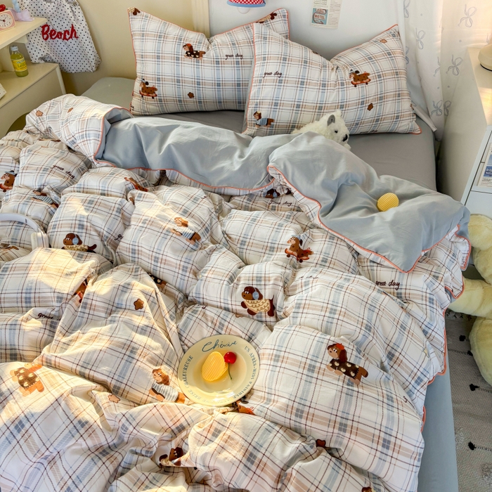 91家纺网 家纺一手货源 找家纺 潮邦创意家居 2025新款云柔棉立体嵌绳款小清新四件套 蓝格萌趣