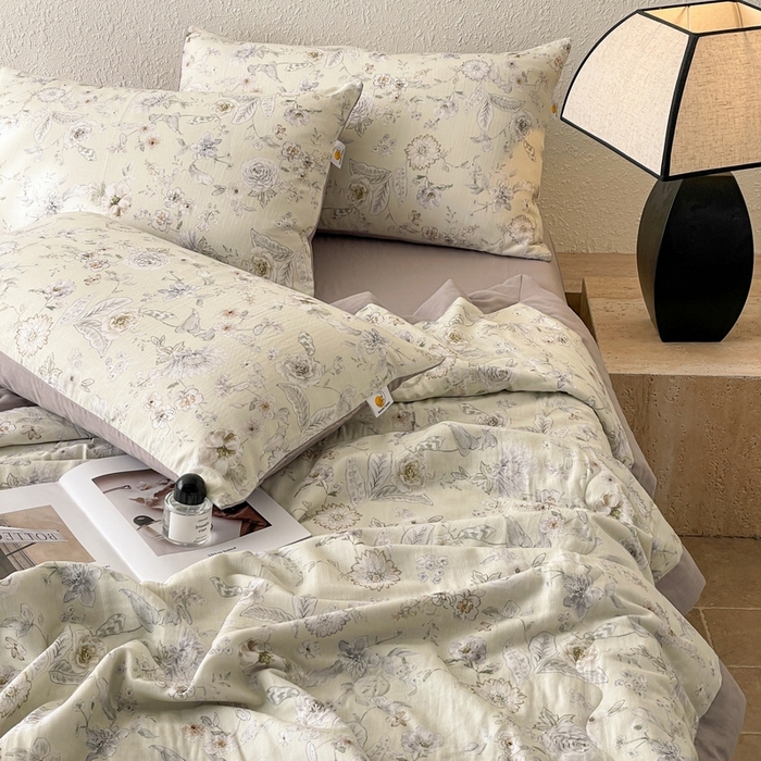 91家纺网 家纺一手货源 找家纺 慕晨 2025新款全棉双层纱四件套莱赛尔夏被莱赛尔夏被四件套天丝夏凉被直播 香清韵-绿