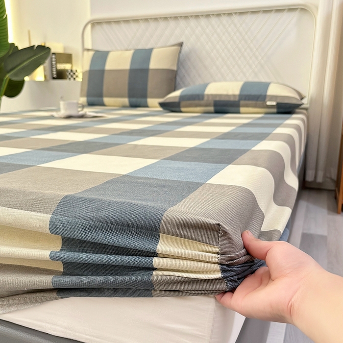 91家纺网 家纺一手货源 找家纺 伊而梦蚊帐 2025新款原棉老粗布床笠 蓝灰格