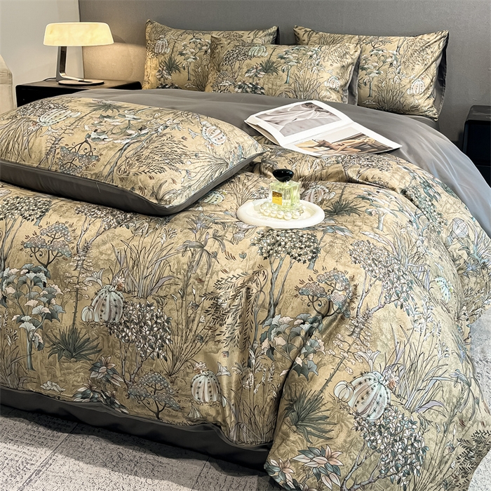 91家纺网 家纺一手货源 找家纺 笙意家纺2025新款水洗冰丝数码印花暗盒款四件套 妙然-灰