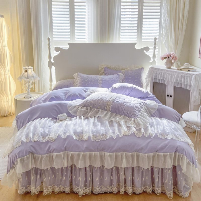 91家纺网 家纺一手货源 找家纺 恋尚 2025新款韩式蕾丝丝光棉夹棉床裙四件套 蜜芙-香芋紫