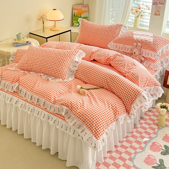 91家纺网 家纺一手货源 找家纺 金盛皇朝家纺 2025新款格子空间水洗棉床裙 格子空间-爱马仕橙