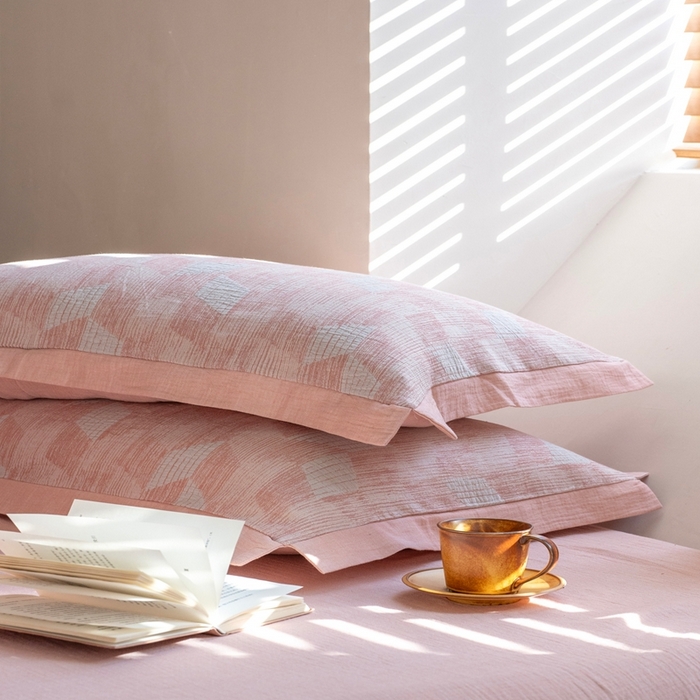 91家纺网 家纺一手货源 找家纺 璞素2025新款全棉色织三层纱四件套 粉色