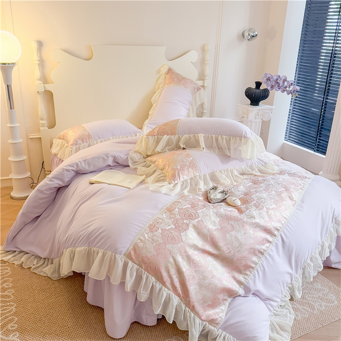 91家纺网 家纺一手货源 找家纺 富盛 2025新款水洗亲肤棉浮雕提花公主风四件套 月光恋人-紫