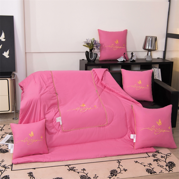 91家纺网 家纺一手货源 找家纺 照世家纺 2025新款柔软透气全棉抱枕被-蝶影 蝶影-粉色