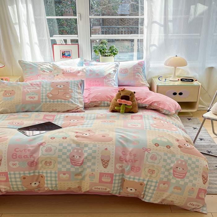 91家纺网 家纺一手货源 找家纺 盛秋家纺 2025新款水洗棉印花四件套-卡通系列 萌宠乐园+粉爱心