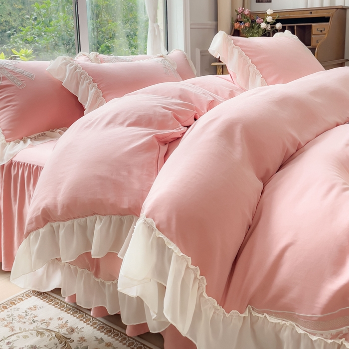 91家纺网 家纺一手货源 找家纺 睡美人 2025韩版全锦棉刺绣公主风蕾丝床裙款四件套-蝶恋花 蝶恋花-蜜桃粉