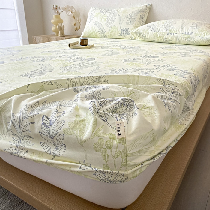 91家纺网 家纺一手货源 找家纺 九亭家纺 2025新款A类全棉老粗布单床笠 繁花-绿