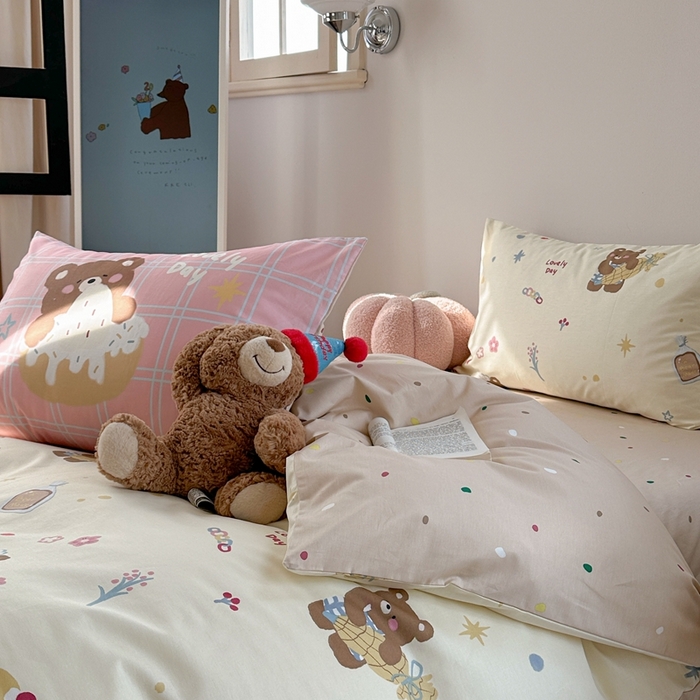 91家纺网 家纺一手货源 找家纺 时年家纺 2025新款全棉数码趣味系列3.0 四件套 甜圈小熊