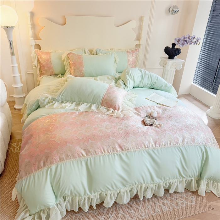 91家纺网 家纺一手货源 找家纺 富盛 2025新款水洗亲肤棉浮雕提花公主风四件套 月光恋人-绿