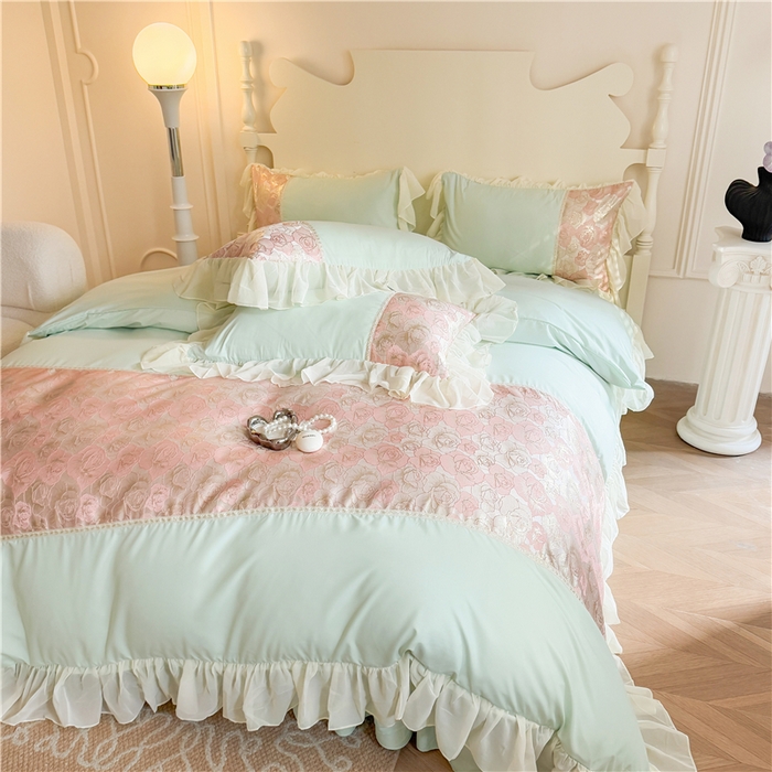 91家纺网 家纺一手货源 找家纺 富盛 2025新款水洗亲肤棉浮雕提花公主风四件套 月光恋人-绿