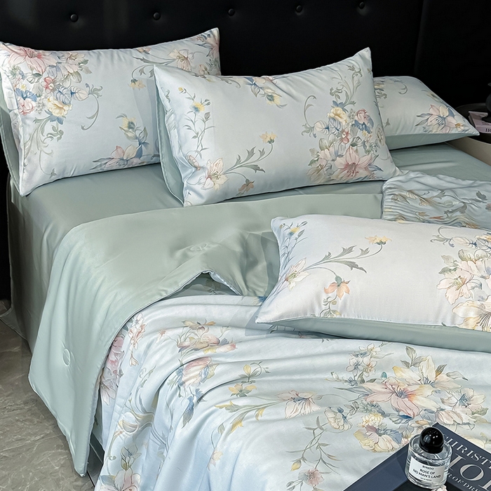 91家纺网 家纺一手货源 找家纺 慕晨 2025春夏新品莱赛尔天丝数码印花四件套莱赛尔夏被四件套天丝夏凉被直播热款 柔兰