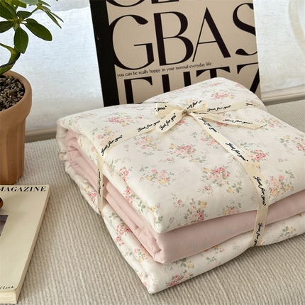 亿梵家居 2025新款A类母婴级有氧全棉纯棉双层纱纯棉印花四件套-叠拍图 若欢-粉