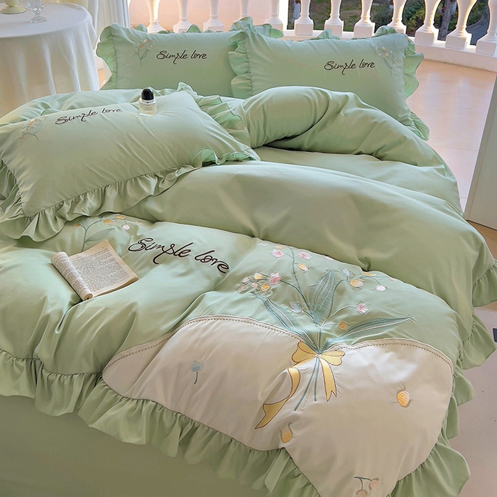 91家纺网 家纺一手货源 找家纺 凯美家居 2025新款超柔亲肤磨毛刺绣花仙子系列四件套 花仙子 绿