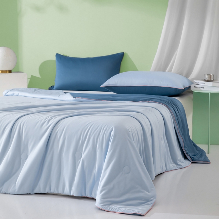 91家纺网 家纺一手货源 找家纺 吾诺 2025 针织棉夏被双拼色大豆夏被子被芯夏凉被空调被 浅兰-宝蓝