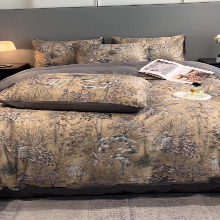 91家纺网 家纺一手货源 找家纺 笙意家纺2025新款水洗冰丝数码印花暗盒款四件套 妙然-灰