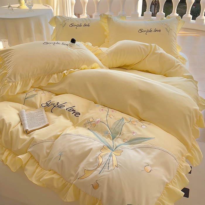 91家纺网 家纺一手货源 找家纺 凯美家居 2025新款超柔亲肤磨毛刺绣花仙子系列四件套 花仙子 浅黄