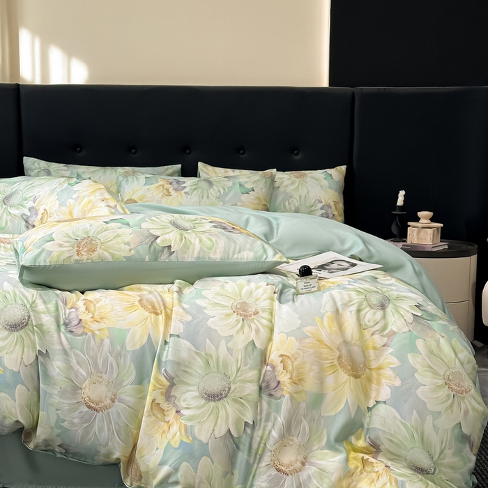 91家纺网 家纺一手货源 找家纺 慕晨 2025春夏新品莱赛尔天丝数码印花四件套莱赛尔夏被四件套天丝夏凉被直播热款 锦葵