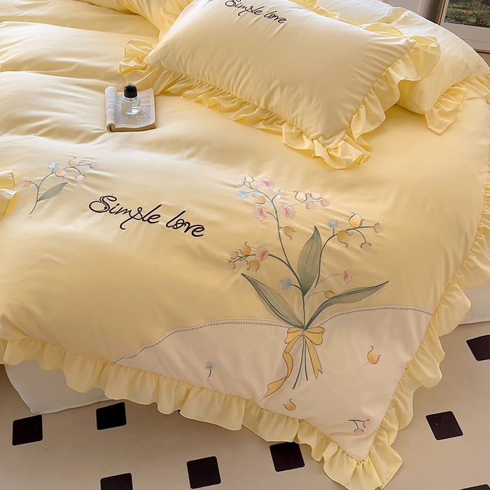 91家纺网 家纺一手货源 找家纺 凯美家居 2025新款超柔亲肤磨毛刺绣花仙子系列四件套 花仙子 浅黄