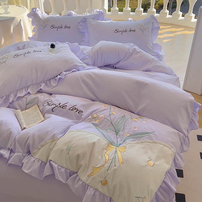 91家纺网 家纺一手货源 找家纺 凯美家居 2025新款超柔亲肤磨毛刺绣花仙子系列四件套 花仙子 浅紫