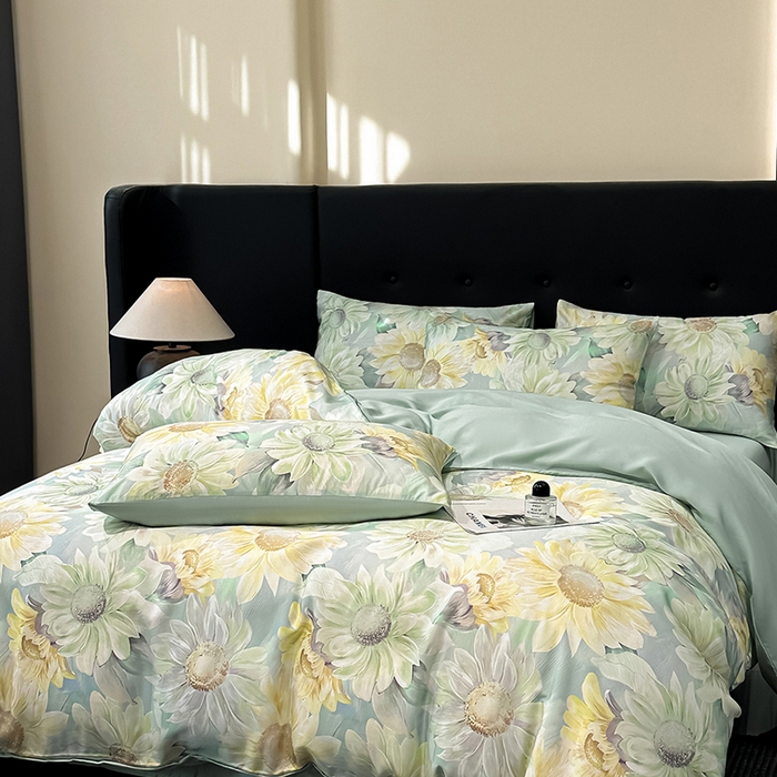 91家纺网 家纺一手货源 找家纺 慕晨 2025春夏新品莱赛尔天丝数码印花四件套莱赛尔夏被四件套天丝夏凉被直播热款 锦葵