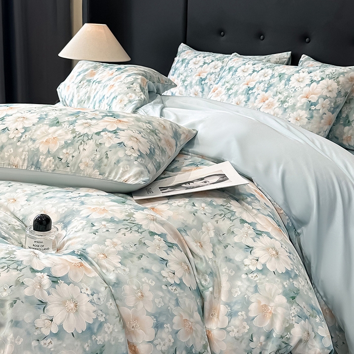 91家纺网 家纺一手货源 找家纺 慕晨 2025春夏新品莱赛尔天丝数码印花四件套莱赛尔夏被四件套天丝夏凉被直播热款 芳馨-兰