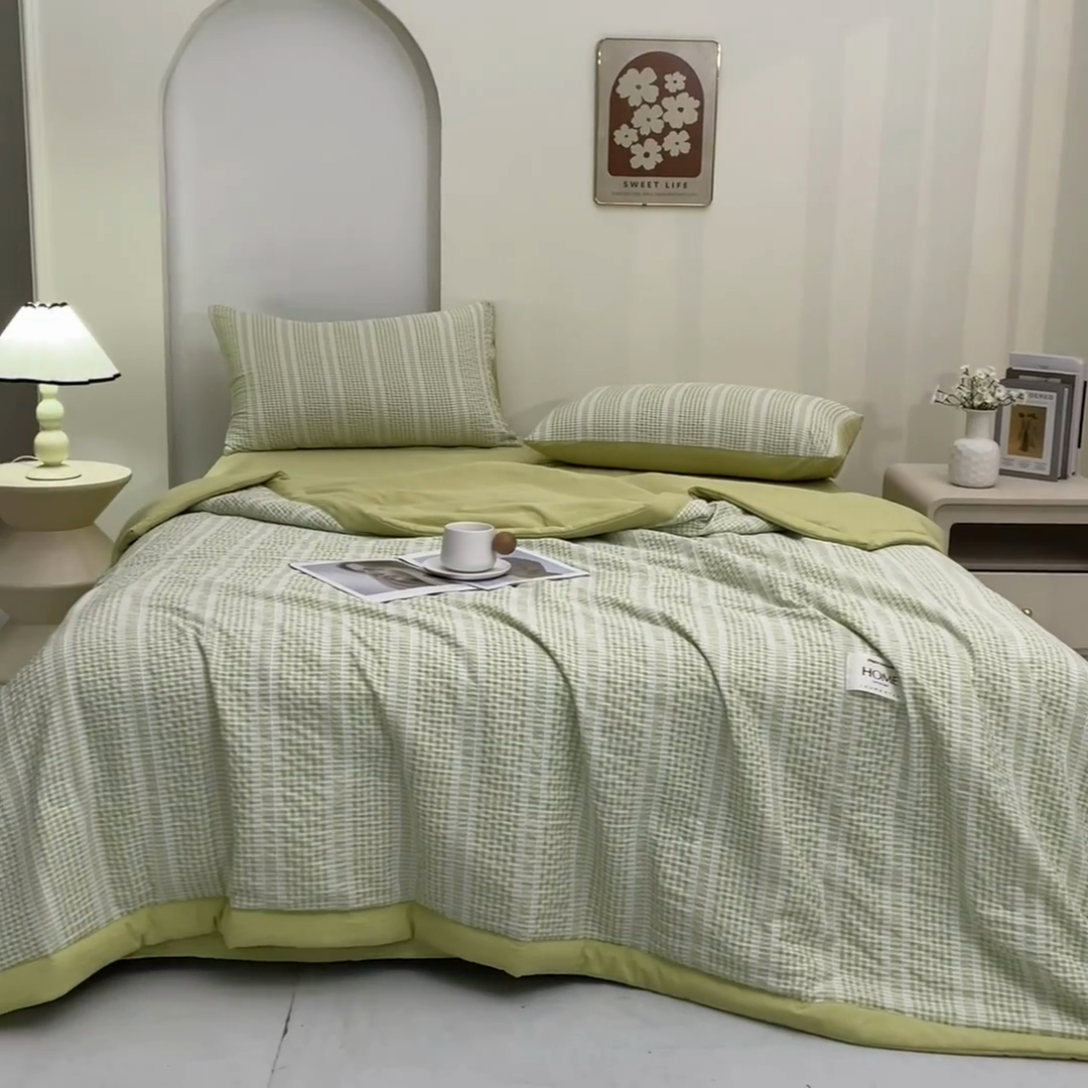91家纺网 家纺一手货源 找家纺 吾诺 2025 韩式立体提花公主格大豆夏被子被芯夏凉被夏被四件套 公主格-绿
