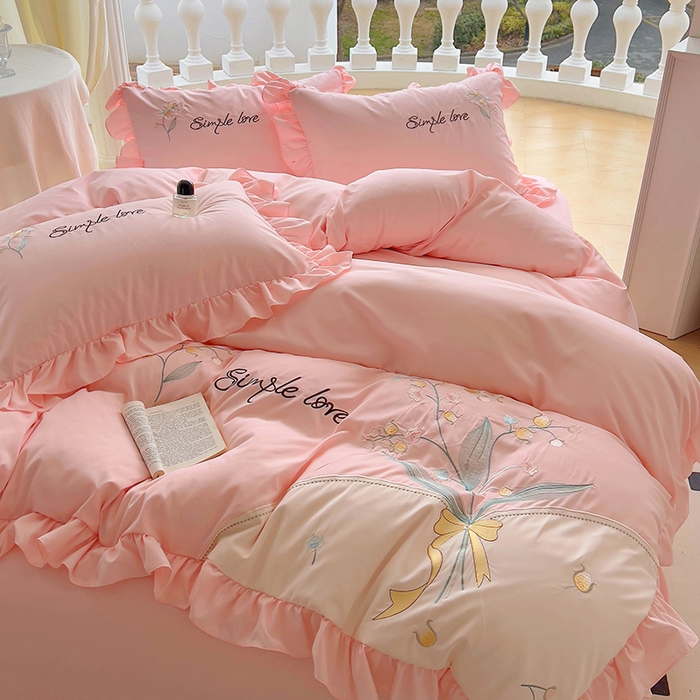 91家纺网 家纺一手货源 找家纺 凯美家居 2025新款超柔亲肤磨毛刺绣花仙子系列四件套 花仙子 粉玉