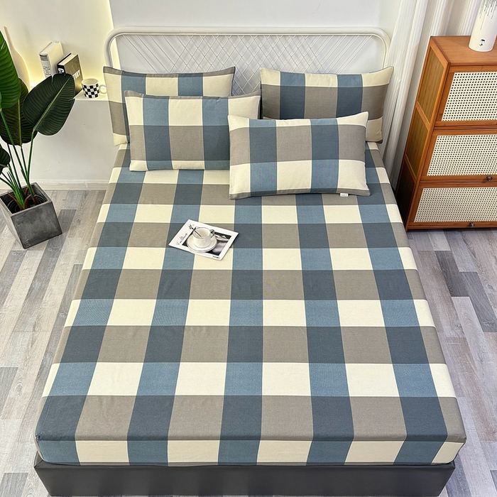 91家纺网 家纺一手货源 找家纺 伊而梦蚊帐 2025新款原棉老粗布床笠 蓝灰格