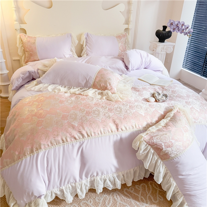 91家纺网 家纺一手货源 找家纺 富盛 2025新款水洗亲肤棉浮雕提花公主风四件套 月光恋人-紫