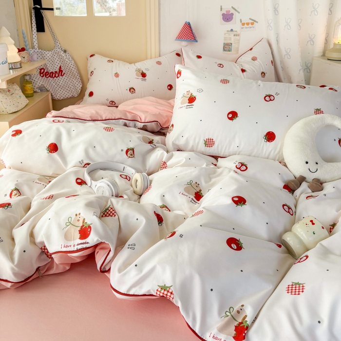 91家纺网 家纺一手货源 找家纺 潮邦创意家居 2025新款云柔棉立体嵌绳款小清新四件套 萌莓趣意