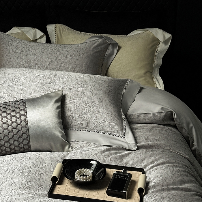 91家纺网 家纺一手货源 找家纺 涞澳家纺 2025新款天丝棉色织提花四件套 雨果-灰