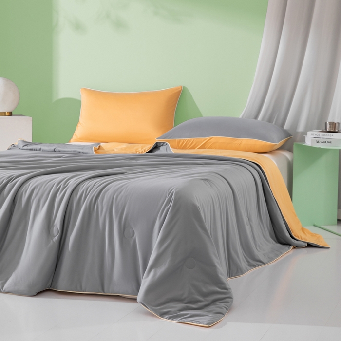 91家纺网 家纺一手货源 找家纺 吾诺 2025 针织棉夏被双拼色大豆夏被子被芯夏凉被空调被 岩灰-杏黄