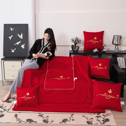 照世家纺 2025新款柔软透气全棉抱枕被-蝶影 蝶影-大红