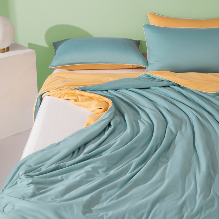 91家纺网 家纺一手货源 找家纺 吾诺 2025 针织棉夏被双拼色大豆夏被子被芯夏凉被空调被 星兰-杏黄