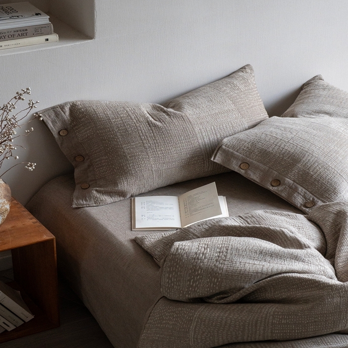 91家纺网 家纺一手货源 找家纺 璞素2025新款全棉色织三层纱四件套-银河 银河咖