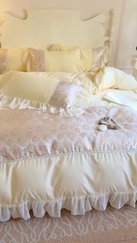 91家纺网 家纺一手货源 找家纺 富盛 2025新款水洗亲肤棉浮雕提花公主风四件套 月光恋人-黄