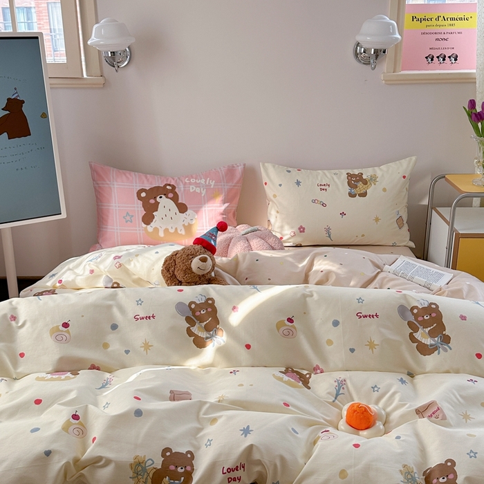 91家纺网 家纺一手货源 找家纺 时年家纺 2025新款全棉数码趣味系列3.0 四件套 甜圈小熊