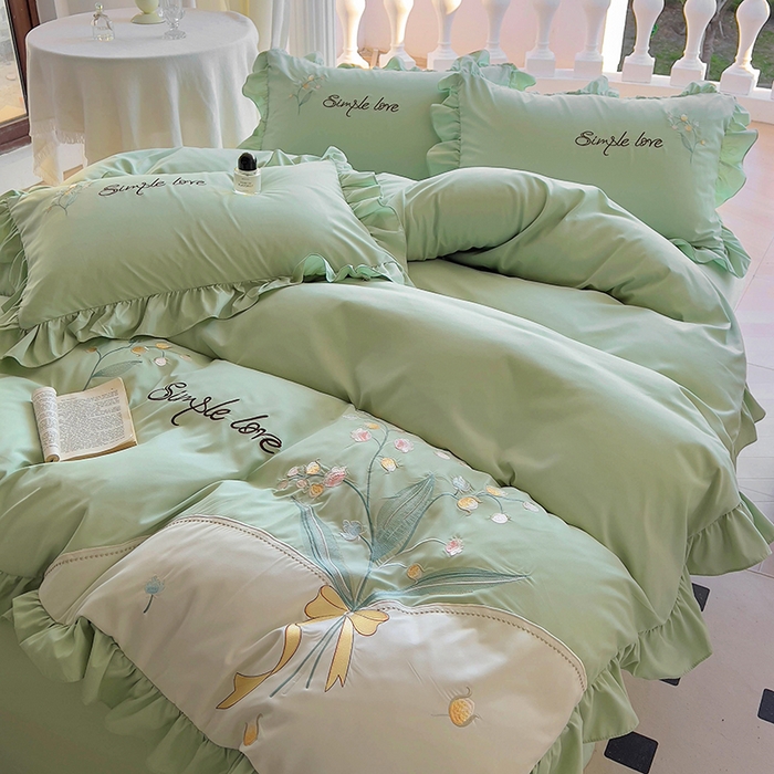 91家纺网 家纺一手货源 找家纺 凯美家居 2025新款超柔亲肤磨毛刺绣花仙子系列四件套 花仙子 绿