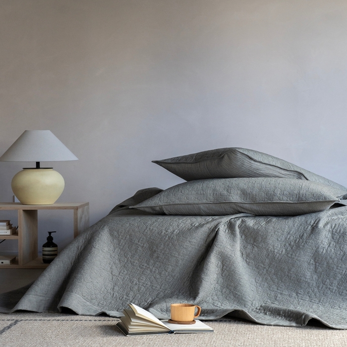 91家纺网 家纺一手货源 找家纺 璞素2025新款全棉色织三层纱床盖三件套-落雪 落雪灰