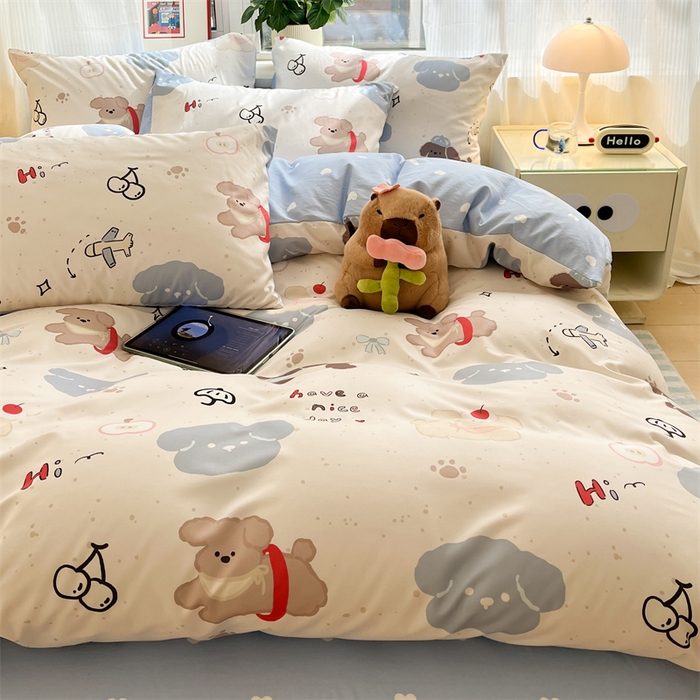 91家纺网 家纺一手货源 找家纺 盛秋家纺 2025新款水洗棉印花四件套-卡通系列 开心乐园+蓝爱心