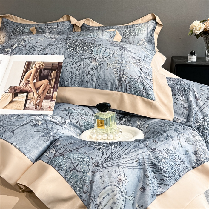 91家纺网 家纺一手货源 找家纺 笙意家纺 2025新款水洗冰丝数码印花宽边四件套 妙然-卡其