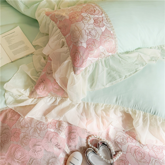 91家纺网 家纺一手货源 找家纺 富盛 2025新款水洗亲肤棉浮雕提花公主风四件套 月光恋人-绿