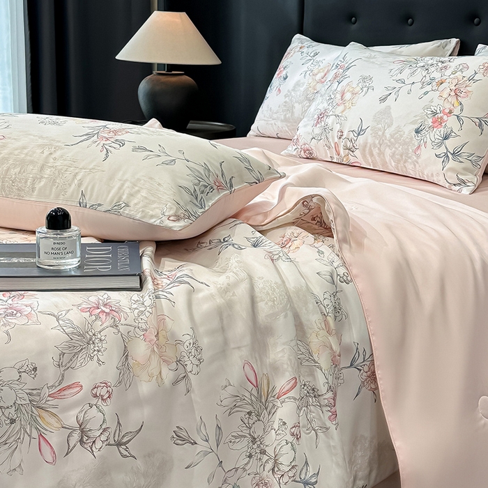 91家纺网 家纺一手货源 找家纺 慕晨 2025春夏新品莱赛尔天丝数码印花四件套莱赛尔夏被四件套天丝夏凉被直播热款 繁华-白